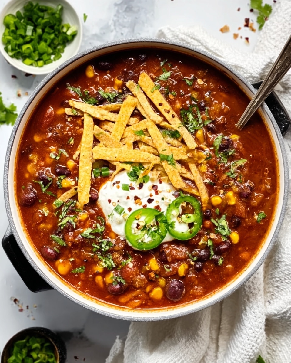 The image shows a white pot filled with thick chili soup made of red beans, corn, tomatoes, and chunks of meat. The soup is topped with shredded yellow cheese, a small dollop of white sour cream in the center, thin green jalapeño slices, and sprinkled with small green chopped herbs and red chili flakes. Next to the pot is a small white bowl of chopped green onions, and the background is a white marbled surface with a fork and a towel with black and white stripes. The overall colors are warm reds, yellows, and greens, creating a hearty, comforting look. Photo taken with an iphone --ar 4:5 --v 7