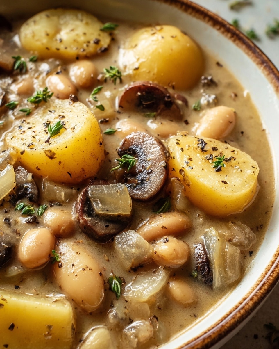 The image shows a close-up of a thick soup served in a white bowl with a brown rim. The soup has several layers visible: the base is a creamy, light brown broth with a slightly glossy texture. Floating in the broth are several large chunks of yellow potatoes with skins on, soft-looking sliced brown mushrooms, and white beans. Small pieces of translucent onion are scattered throughout. Bright green chopped herbs are sprinkled on top, adding a fresh contrast to the earthy colors. The background is a white marbled texture. photo taken with an iphone --ar 4:5 --v 7