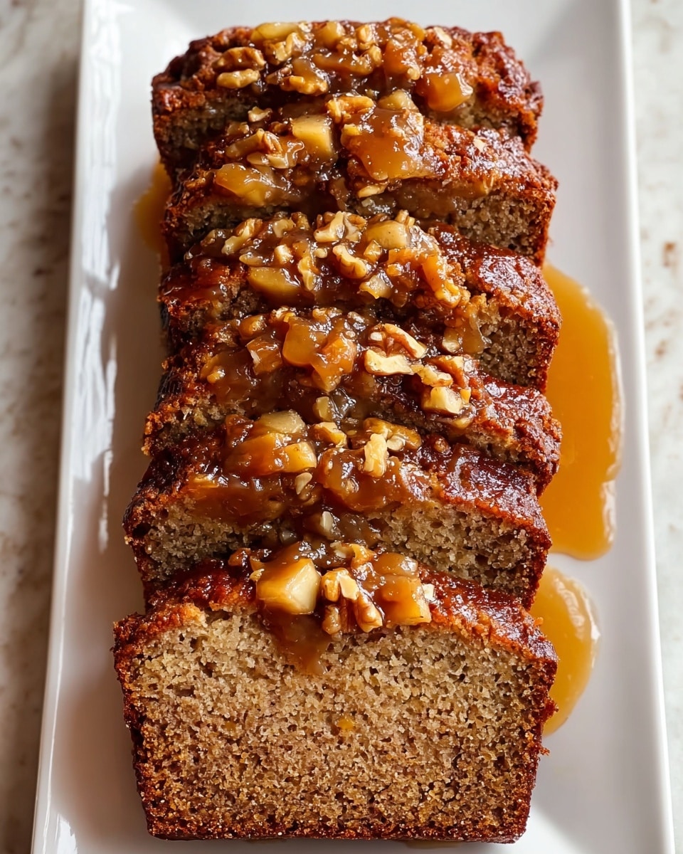 A loaf of sliced brown bread with a moist texture is shown on a white plate, each of the five visible slices topped with a glossy caramel sauce mixed with chunks of light brown nuts and fruit pieces, creating a sticky texture that drips onto the plate. The bread has a slightly darker crust with a rough, crumbly surface, while the inside is soft and speckled with small nut pieces. The caramel topping adds a rich, shiny glaze with a mix of golden and amber colors, contrasting with the matte brown crumb of the bread, all set on a white marbled surface. photo taken with an iphone --ar 4:5 --v 7