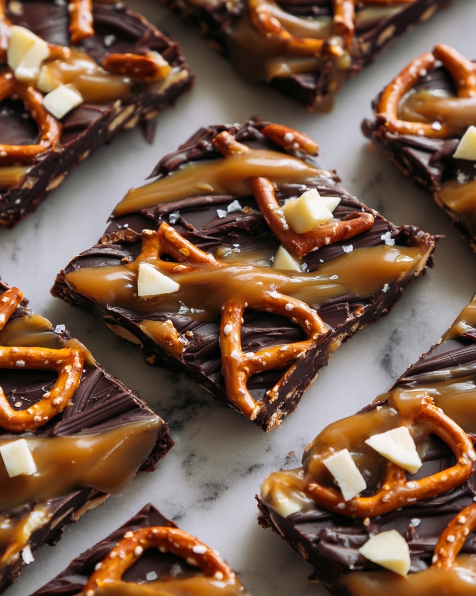 The image shows several square pieces of a layered treat placed on a white marbled surface. Each piece has a dark chocolate base layer, followed by a layer of twisted pretzels adding an orange-brown color and crunchy texture. On top of the pretzels, there is a layer of smooth caramel drizzled unevenly, giving a shiny light brown touch. Scattered small white chunks, possibly apple pieces, add contrast across each piece. The overall look is rich and textured, with the layers distinct and glossy. Photo taken with an iphone --ar 4:5 --v 7
