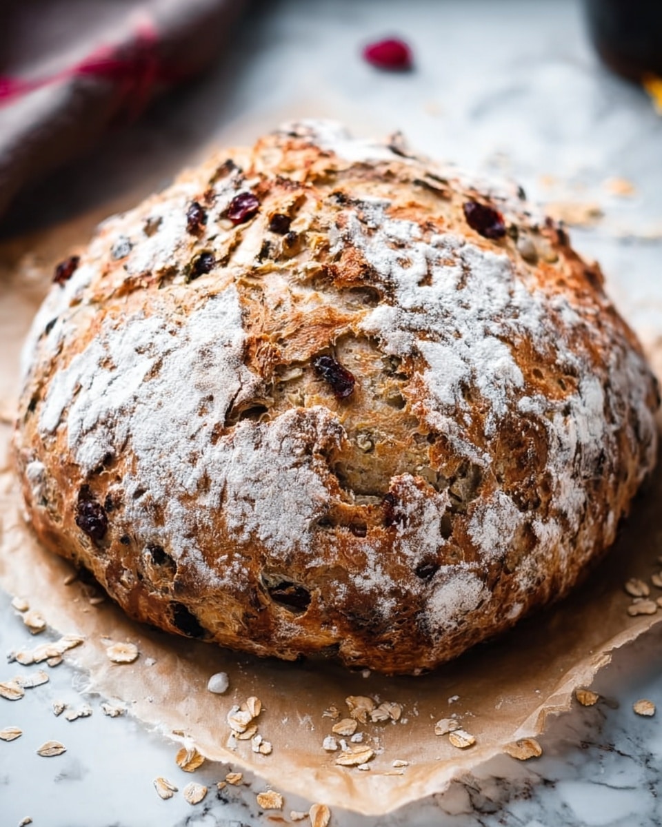 The image shows a round loaf of bread with a crusty, golden-brown surface dusted with light white flour. The bread has a rough texture with visible cracks and pieces of dried fruit scattered inside, giving hints of darker spots within the bread. It sits on crinkled parchment paper on a white marbled surface with some grains scattered around. The overall look is rustic and homemade with a warm, inviting tone. Photo taken with an iphone --ar 4:5 --v 7
