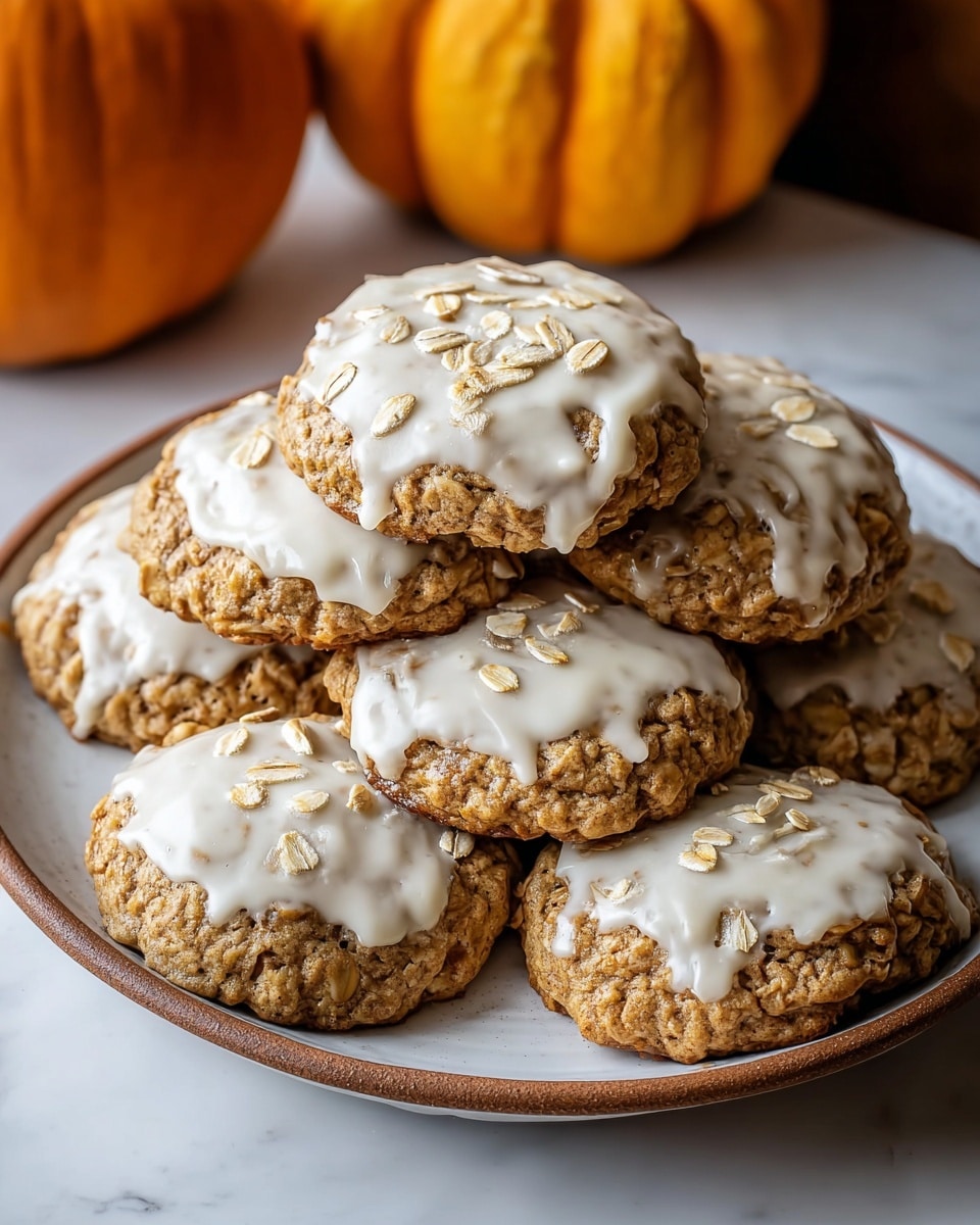 A white plate holds a stack of eight soft, round cookies with a rough texture showing oats inside. Each cookie has a thick, creamy white icing spread on the top surface that drips slightly down the sides. The icing is sprinkled with loose, light brown oat flakes. The cookies are a warm brown color with visible small pieces of oats mixed through. The plate sits on a white marbled surface with two pumpkins blurred in the background. photo taken with an iphone --ar 4:5 --v 7