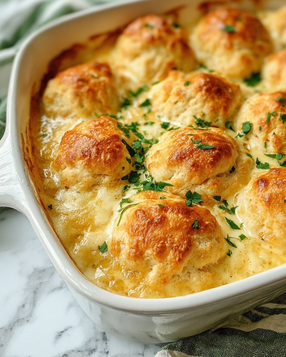 The image shows a white baking dish filled with a baked dish that has about eight golden brown biscuit-like pieces on top. The biscuits are fluffy and slightly risen with a shiny, crispy crust and a soft, light texture inside. Underneath the biscuits, there is a creamy, light yellow sauce that is bubbling near the edges. The dish is sprinkled with small, fresh green herb leaves that add a touch of color. The baking dish rests on a white marbled surface next to a green and white striped cloth. photo taken with an iphone --ar 4:5 --v 7