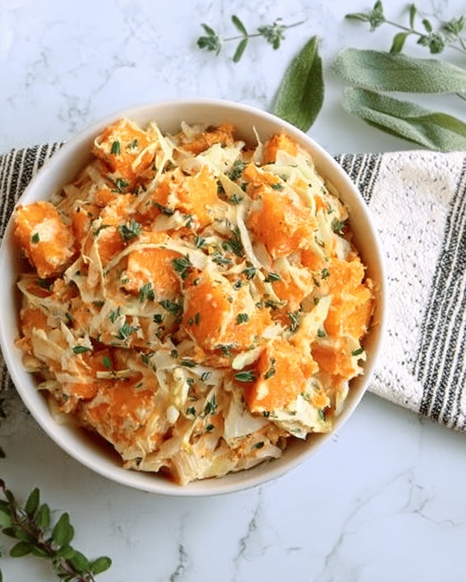 A white bowl filled with a creamy salad made of orange pumpkin chunks, light-colored shredded cabbage, and small green herbs mixed throughout. The salad has a soft texture and is garnished with additional herbs around the top. The bowl sits on a white marbled surface with some green leaves and a white napkin with black lines nearby. Photo taken with an iphone --ar 4:5 --v 7