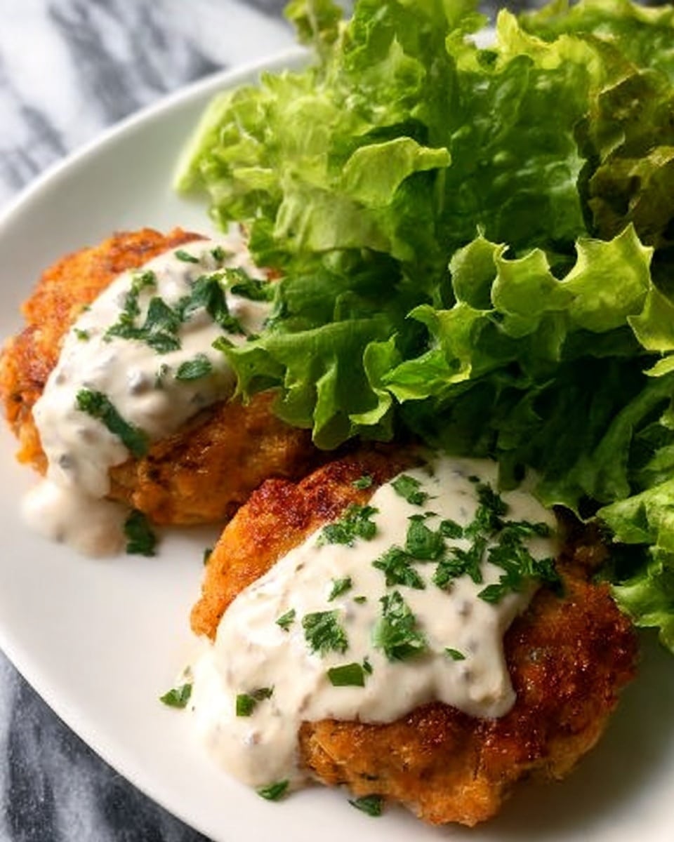 The image shows a white plate on a white marbled surface, with two layers of crispy, golden-brown patties at the front, each topped with a smooth white sauce and small pieces of green herbs. Behind the patties is a large, fresh layer of bright green leafy lettuce with slightly ruffled edges, adding a fresh texture and color contrast. The light highlights the textures of the crispy patties and the creaminess of the sauce. photo taken with an iphone --ar 4:5 --v 7