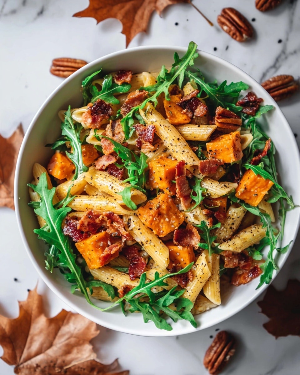 A white bowl filled with a colorful pasta salad layered with light golden penne pasta scattered with bright orange roasted sweet potato cubes and small crispy browned bacon pieces. Fresh green arugula leaves are mixed throughout, adding a vibrant contrast, and the dish is sprinkled with black pepper. The bowl is on a white marbled surface decorated with brown autumn leaves and a few pecans nearby. Photo taken with an iphone --ar 4:5 --v 7