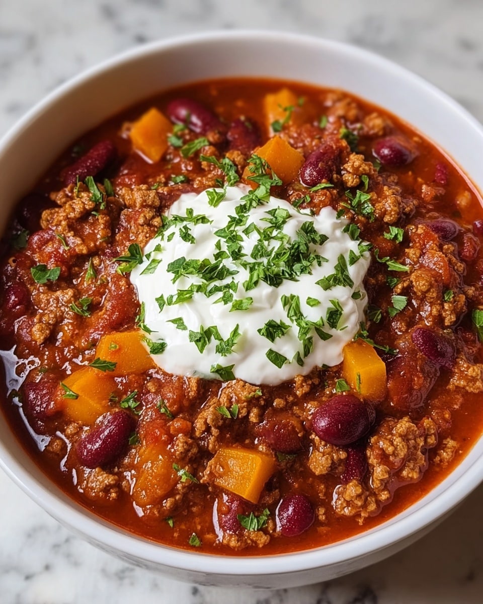 The image shows a white bowl filled with hearty chili. The bottom layer is a rich, red tomato-based sauce with visible ground meat and kidney beans, creating a thick and chunky texture. There are bright orange cubes of squash scattered throughout, adding a pop of color. On top, a dollop of white sour cream rests in the center, sprinkled with finely chopped fresh green herbs. The bowl is placed on a white marbled surface. photo taken with an iphone --ar 4:5 --v 7