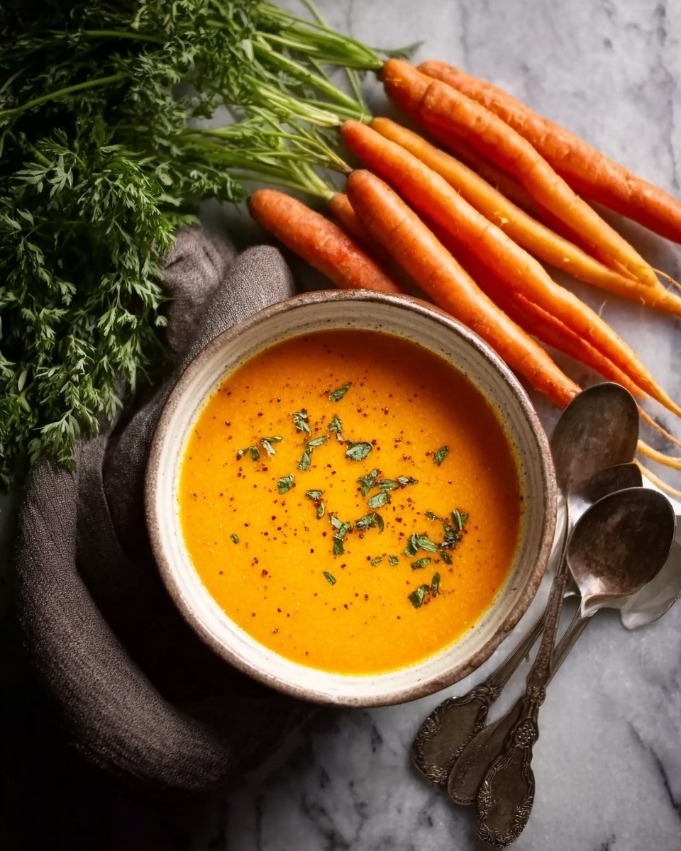 A white bowl filled with smooth orange carrot soup topped with small green herb leaves and a little swirl of cream at the center. The bowl is set on a white marbled surface next to a bunch of fresh orange carrots with green tops on the right side. There are two old metal spoons placed overlapping each other near the bowl, and some small bowls of spices in the top left corner. Soft natural light shines from the top left, highlighting the creamy texture of the soup and vibrant colors around it. Photo taken with an iphone --ar 4:5 --v 7