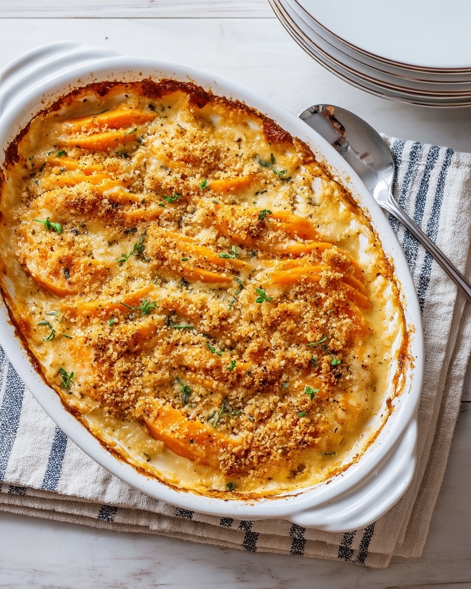 The image shows a baked dish in a white oval ceramic baking dish placed on a white marbled textured surface with a striped cloth underneath. The dish has a golden-brown crust with a visible layer of melted cheese and breadcrumbs on top, sprinkled with small green herb pieces. Below the crust, the dish consists of slightly browned layers of creamy pasta or thinly sliced vegetables bathed in a light brown sauce. The edges are slightly crispy and darker in color, showing a well-baked texture. There is a silver spoon placed next to the dish and stacked white plates are visible in the background. photo taken with an iphone --ar 4:5 --v 7