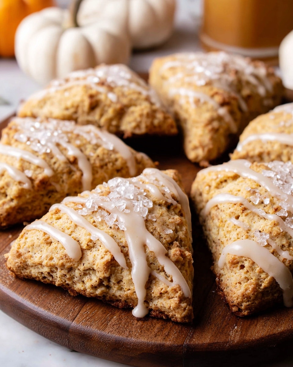 The image shows six triangular scones arranged on a wooden plate. Each scone has a rough textured golden-brown top layer covered with sparkling sugar crystals. A creamy white glaze is drizzled in thick, uneven lines across each scone, creating a shiny contrast against the crunchy surface. The scones look crumbly and firm, suggesting a flaky inside. In the blurred background, small white pumpkins and warm decorative elements can be seen, placed on a white marbled surface. The photo taken with an iphone --ar 4:5 --v 7