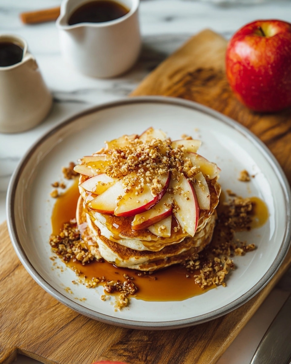 A stack of three golden-brown pancakes sits on a white plate with a thin gray rim. Between the pancakes are thin slices of pale red apple, visible at the edges. On top of the stack are two round apple slices with a drizzle of shiny amber syrup spreading over them and small clusters of granola sprinkled on top, adding texture. The plate rests on a white marbled surface with a fork and knife beside it, a brown teacup with light brown coffee in the upper right, and a whole red apple and a small white pitcher of syrup nearby. Photo taken with an iphone --ar 4:5 --v 7