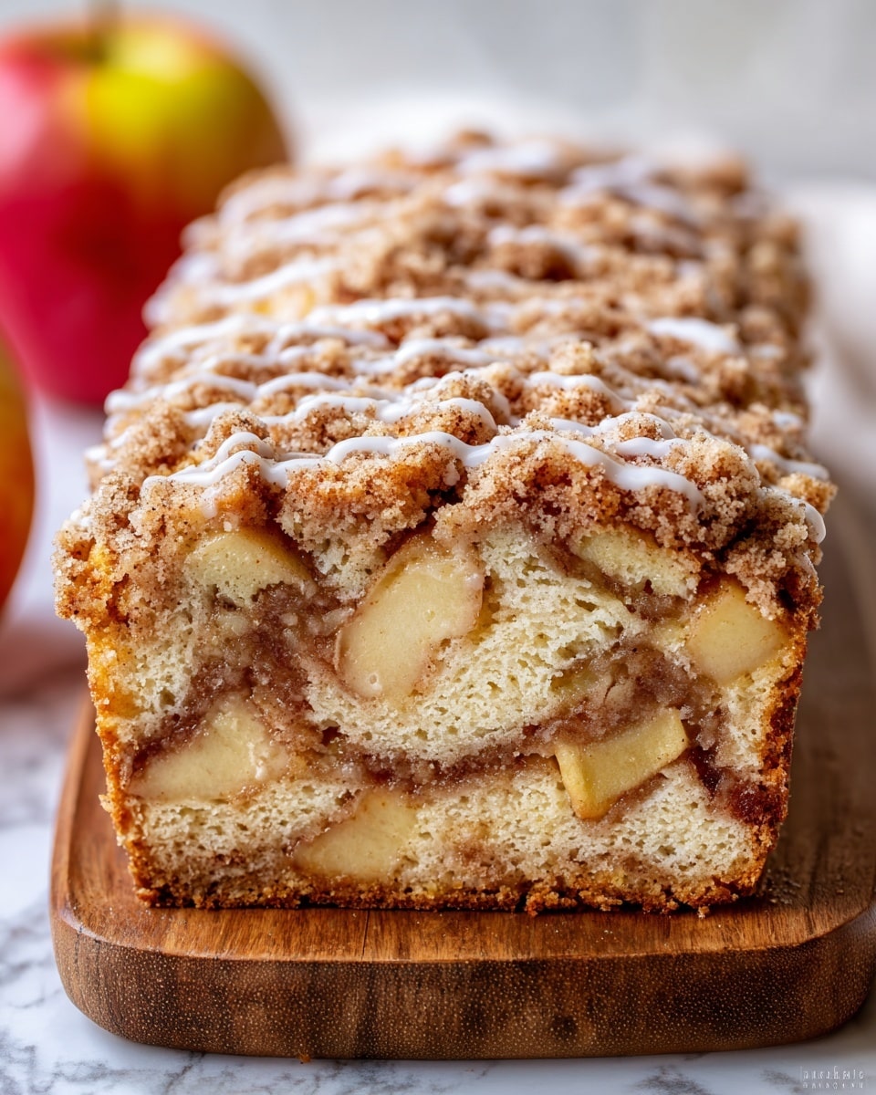 The image shows a loaf of apple cinnamon cake with visible thick layers inside. The bottom layer is a soft yellow cake mixed with chunks of cooked apples. Above it, there is a swirl of cinnamon and sugar creating a brown, textured line in the middle. The top layer consists of a crumbly cinnamon streusel with a rough texture and golden-brown color. This crumbly top is drizzled with white icing in a zigzag pattern. The loaf is placed on a wooden board with some crumbs around it, set against a white marbled background. In the blurry background, two apples add a soft red and yellow color. Photo taken with an iphone --ar 4:5 --v 7