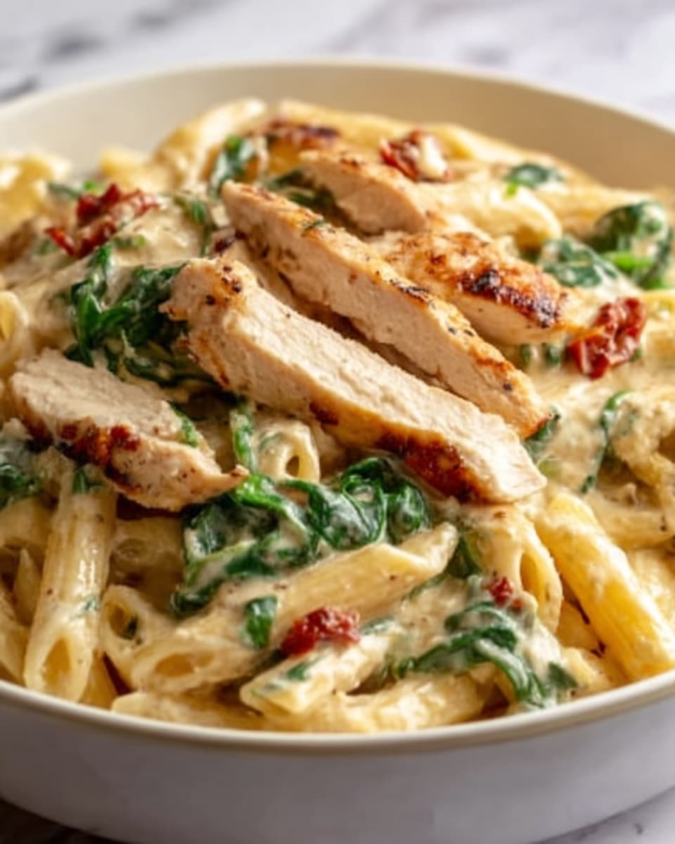 The image shows a close-up of a white bowl filled with creamy penne pasta. The pasta is covered in a rich, light beige sauce and topped with several strips of grilled chicken that have a slightly browned, juicy texture. There are pieces of wilted green spinach mixed throughout the pasta, adding a touch of color and freshness. Small bits of sun-dried tomatoes, reddish in color, are scattered on top, giving brightness to the dish. The bowl sits against a white marbled background. Photo taken with an iphone --ar 4:5 --v 7
