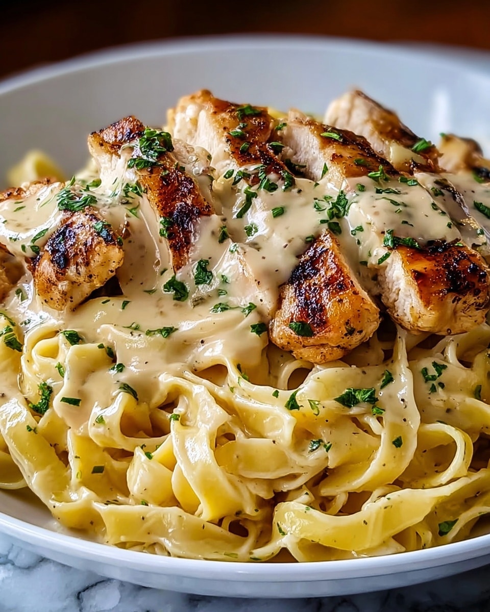 A white plate holds a bed of creamy fettuccine pasta, its pale yellow noodles thick and glossy with sauce, showing some folds and specks of black pepper. On top lie several pieces of golden-brown grilled chicken breast, slightly charred with visible juicy texture. The chicken is covered lightly with a smooth, pale beige creamy sauce, sprinkled with finely chopped green herbs for a fresh look. The scene is set against a softly blurred white marbled texture background. photo taken with an iphone --ar 4:5 --v 7