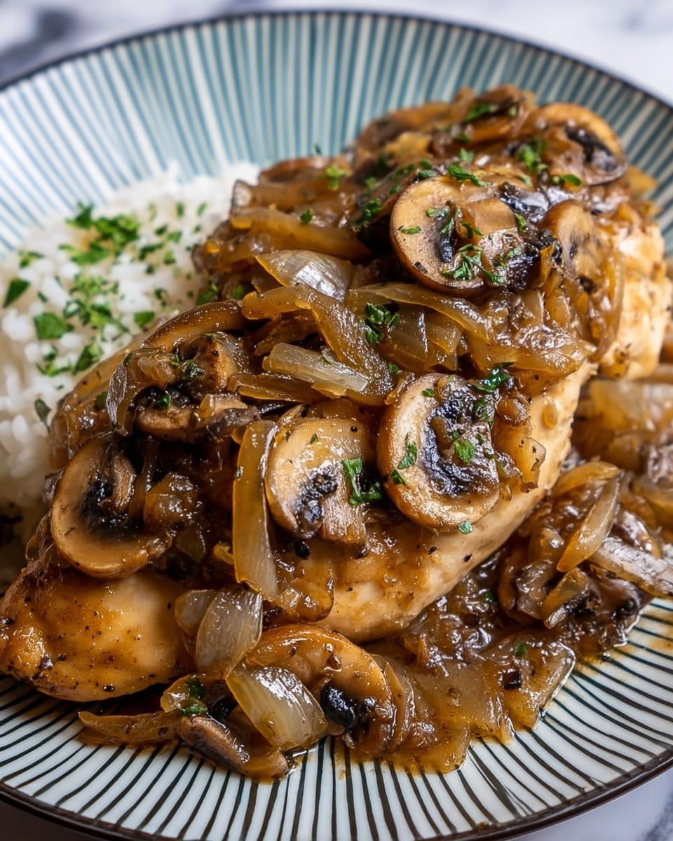 The dish shows a close-up of a cooked chicken breast topped with a generous layer of sautéed mushrooms and caramelized onions, all covered in a shiny brown sauce. The mushrooms are sliced and browned with some black grill marks visible, mixed with soft translucent onion slices. Fresh chopped green herbs sprinkle over the top, adding color contrast to the golden brown chicken and caramelized onions. The food rests on a white plate with thin black lines radiating outward, placed on a white marbled surface. Photo taken with an iphone --ar 4:5 --v 7
