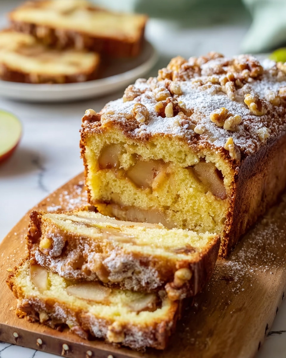 A loaf of apple cake cut into slices on a wooden board, showing three layers: the bottom yellow sponge cake layer with visible apple chunks, a middle layer embedded with softer apple pieces, and a textured crumbly top layer with chopped walnuts sprinkled and dusted with white powdered sugar, all sitting on a white marbled surface with a blurred white plate holding more slices in the background photo taken with an iphone --ar 4:5 --v 7