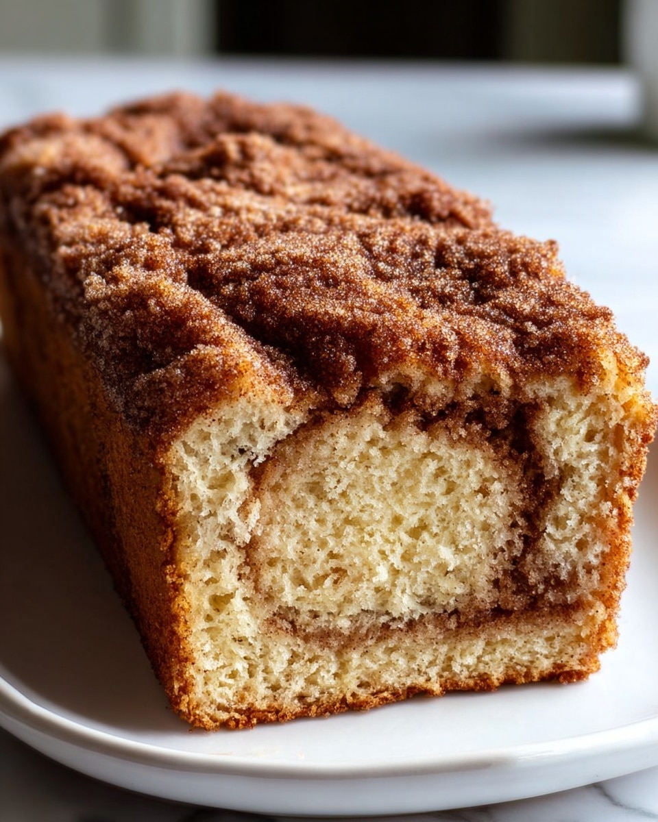 A close-up of a rectangular loaf of cinnamon swirl bread sitting on a white plate, showing one short side with a cut revealing a soft, light beige inside with a visible swirl of cinnamon brown running through it. The top layer is a crumbly, dark brown cinnamon sugar crust with a textured, crunchy look. The bread is set on a white marbled surface. photo taken with an iphone --ar 4:5 --v 7