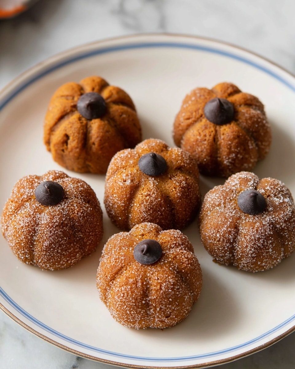 Five small pumpkin-shaped treats sit on a white plate with a thin blue rim, all placed on a white marbled surface. Each treat has a deep orange-brown color with a slightly rough texture, and thin scalloped grooves running from the top to the base that give them a pumpkin look. Three of the treats are coated in a light layer of sugar giving a grainy, sparkling texture, while the other two have a smooth surface. On top of each treat is a single dark chocolate chip placed at the center. The treats are arranged in a loose circular pattern toward the center of the plate. Photo taken with an iphone --ar 4:5 --v 7
