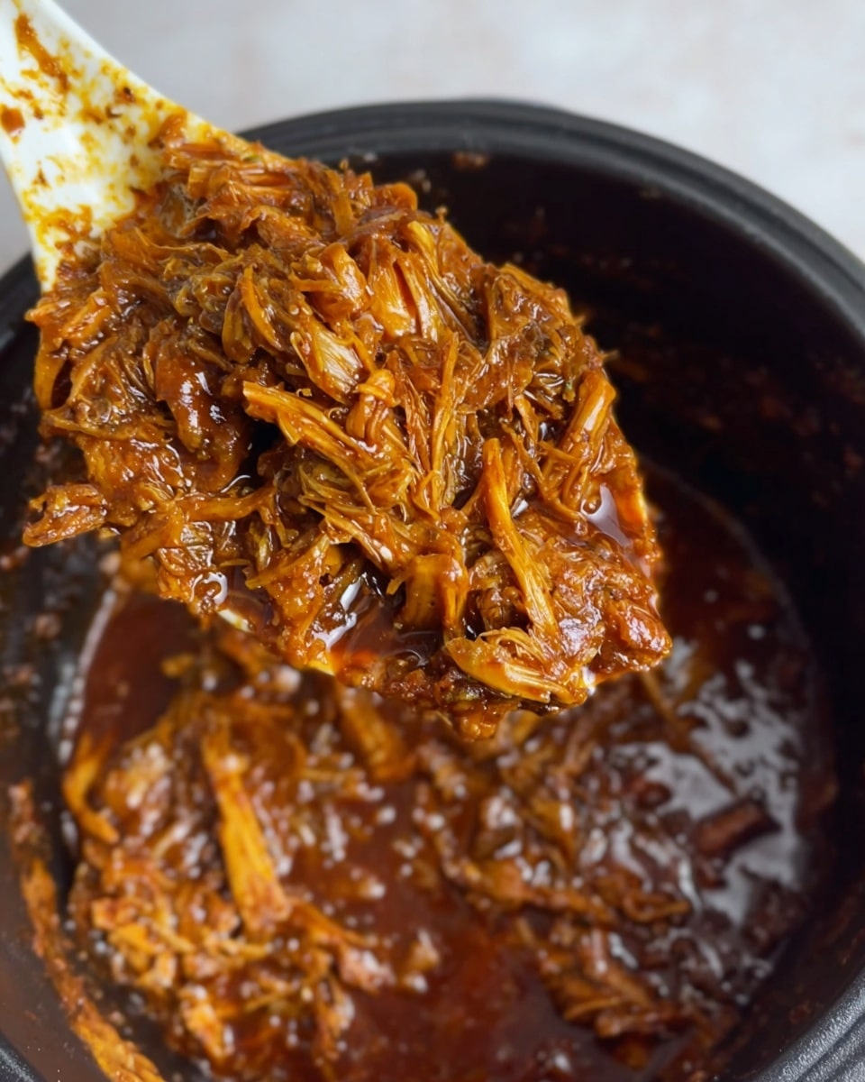 The image shows a close-up of a thick, rich stew with shredded pieces of brown meat and mushrooms in a dark glossy sauce. The stew is inside a black pot, and a white plastic spoon is lifting a chunky portion of the stew above the pot. The meat looks tender and stringy, mixed with thin strands and small mushroom pieces, all coated with the shiny, dark brown sauce that has a slightly oily texture. The background surface is not visible clearly but is replaced by a white marbled texture for the description. photo taken with an iphone --ar 4:5 --v 7