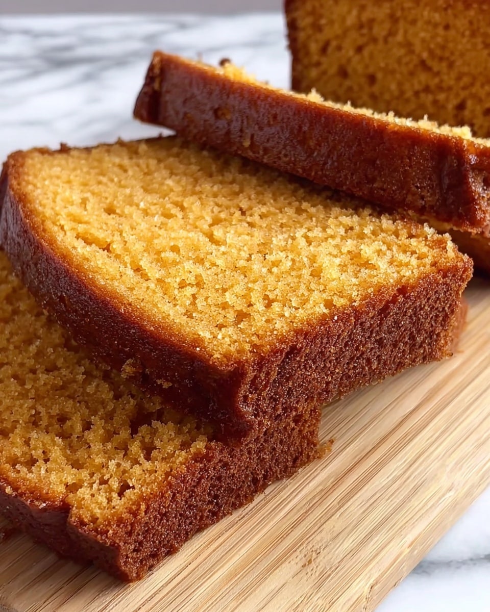A close-up view of three slices of moist, golden-brown loaf cake with a slightly crumbly texture, neatly stacked on a wooden cutting board. The cake has a warm, even tan color with a darker crust on its edges and top. The background shows a white marbled texture, adding contrast and brightness to the warm tones of the cake. The lighting highlights the soft, dense crumb and slight sheen on the loaf surface. photo taken with an iphone --ar 4:5 --v 7