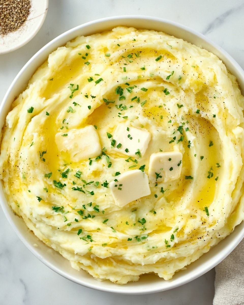 A white bowl filled with creamy mashed potatoes that have been swirled in a circular pattern to create texture on the surface. On top of the potatoes, there are several melting pats of butter, some pooling gently into the creases of the swirls. Light green chopped herbs are sprinkled evenly across the top, with a few specks of black pepper adding contrast. The bowl is placed on a white marbled surface, with a soft natural light highlighting the smooth, creamy texture of the dish. photo taken with an iphone --ar 4:5 --v 7