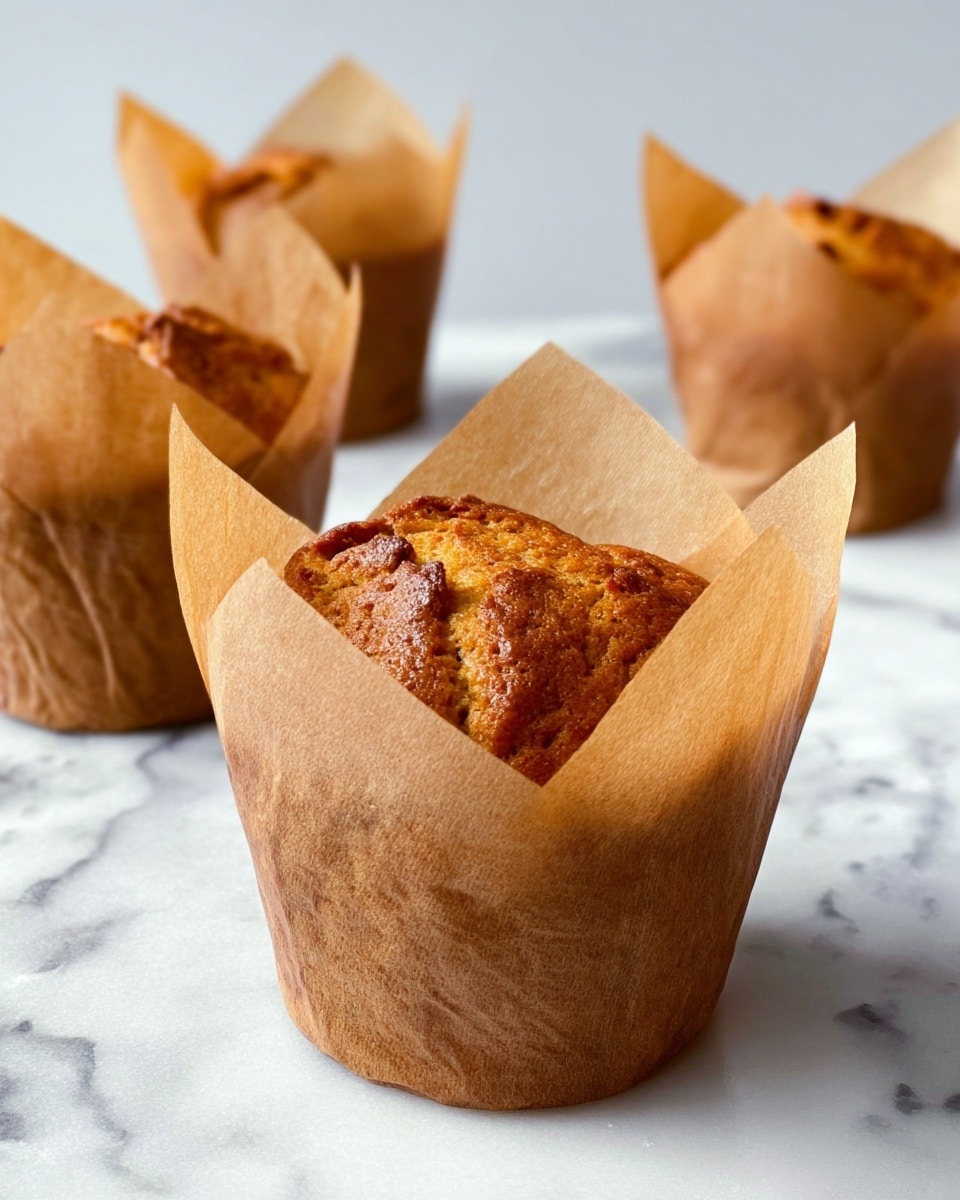 The image shows four golden brown muffins, each wrapped in rustic light brown parchment paper that rises above the muffin tops in a tulip shape, creating soft sharp peaks. The muffins have a slightly cracked, textured surface with a warm, baked look, and the parchment acts as a sturdy, wrinkled base around each. They are placed on a white marbled surface with soft focus on the background, drawing attention to the muffin in the front center. Photo taken with an iphone --ar 4:5 --v 7