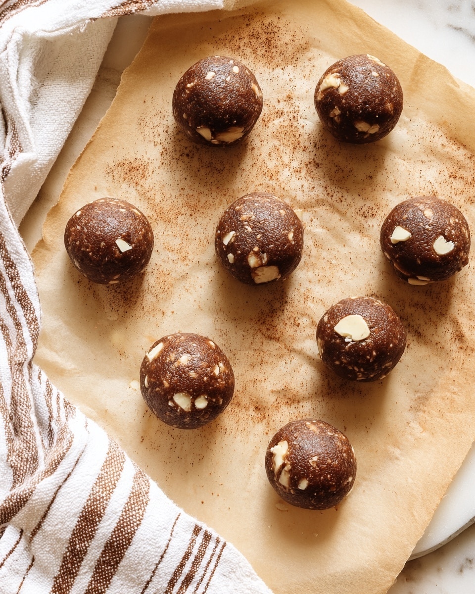 Nine round cookie dough balls are placed on a sheet of brown parchment paper on a white marbled surface. The dough is dark brown with visible chunks of white chocolate or nuts spread throughout each ball. There are light sprinkles of a fine brown powder, possibly cinnamon or cocoa, scattered around and between the dough balls. A white cloth with brown stripes is partially visible on the left side. The photo has natural lighting and a warm tone. photo taken with an iphone --ar 4:5 --v 7