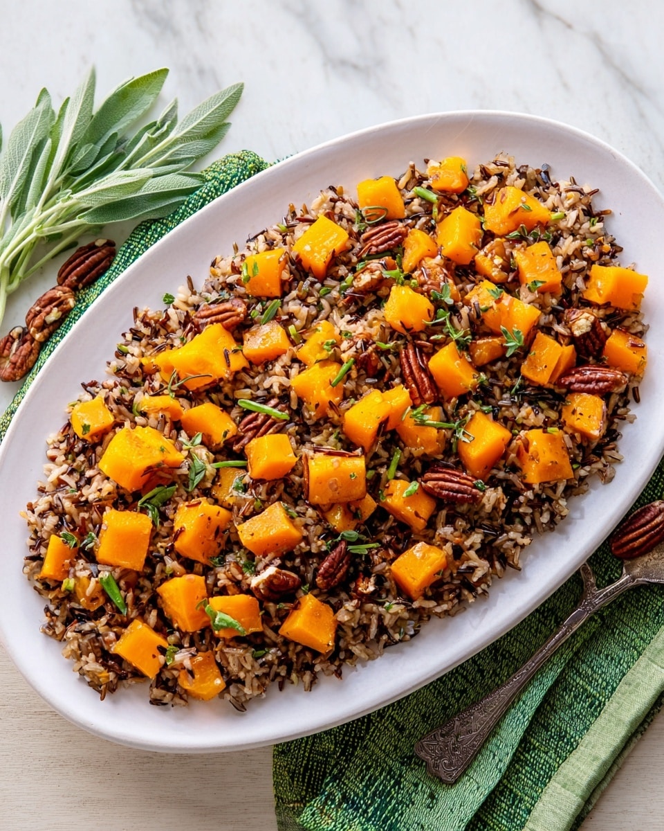 The dish is served on a white oval plate set on a white marbled surface with a sprig of sage and a green woven cloth nearby. It shows a base layer of brown and wild rice mixed with bits of translucent sautéed onions, providing a textured, speckled look. On top, there are bright orange roasted cube-shaped butternut squash pieces evenly spread across, with a scattering of whole pecans adding a dark, glossy contrast. Fresh green herbs are sprinkled throughout, giving small pops of color. The colors range from dark brown rice, light beige onions, vibrant orange squash, deep brown pecans, to lively green herbs. photo taken with an iphone --ar 4:5 --v 7