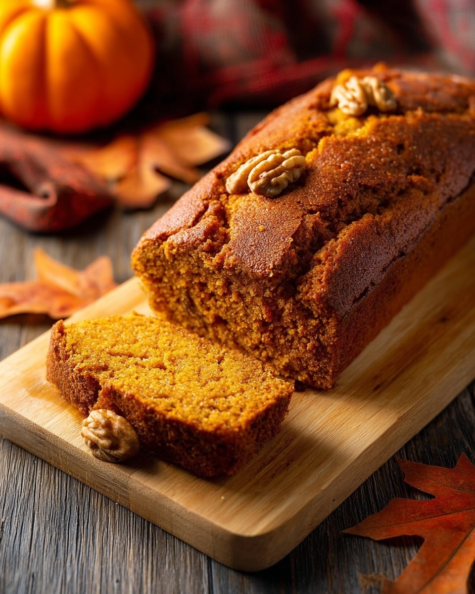 A loaf of pumpkin bread with a golden brown crust rests on a light wooden cutting board. One slice is cut and slightly pulled out to reveal a soft orange-brown inside speckled with small bits, with two walnut halves placed on top. The crust has a cracked, textured surface with darker brown spots. The board is on a dark wooden surface with autumn leaves and a small orange pumpkin in the blurred background. Photo taken with an iphone --ar 4:5 --v 7