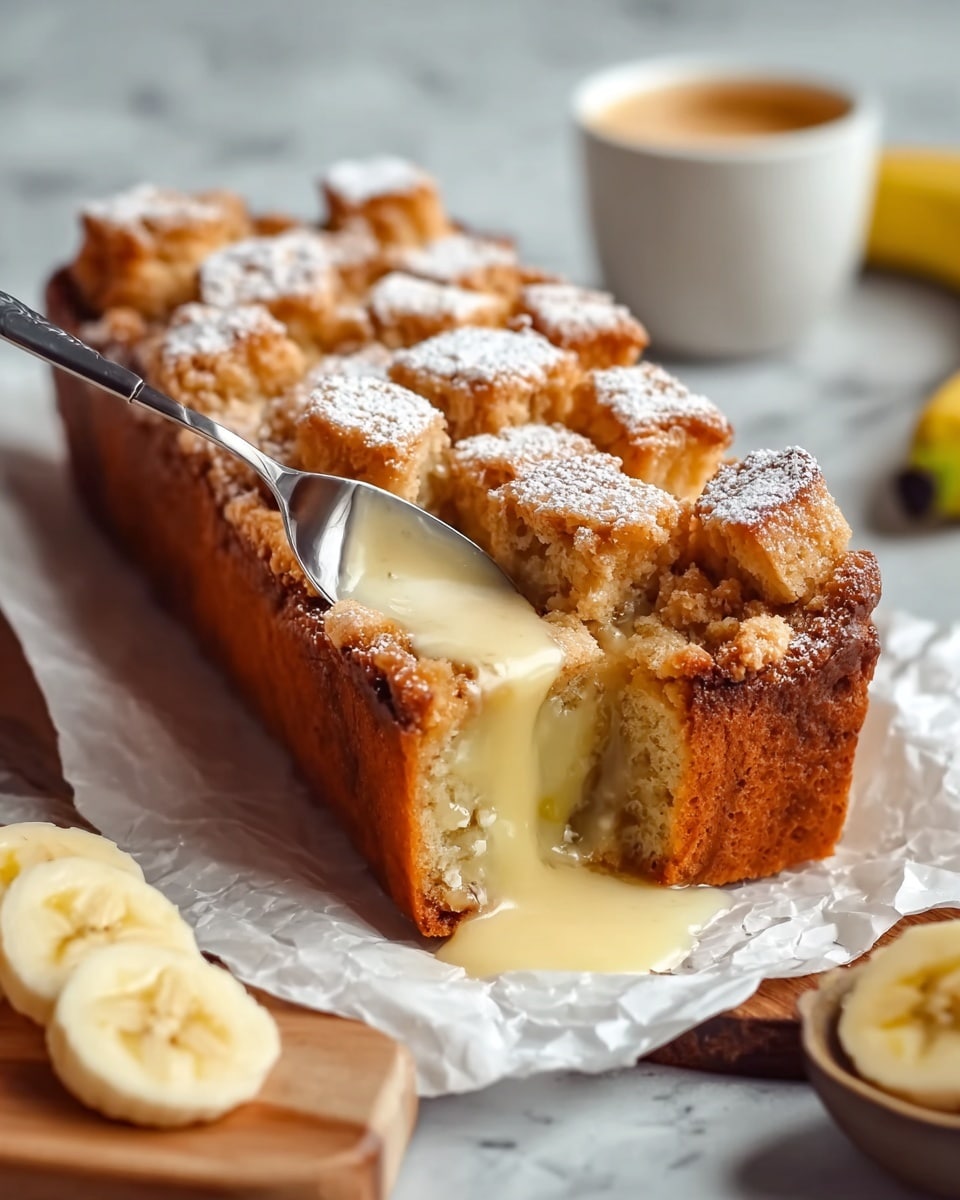 The image shows a rectangular loaf cake with a golden-brown crust and a rough, crumbly top layer made of small square pieces stacked unevenly. The top squares are dusted lightly with powdered sugar. In the middle of the loaf, there is a thick, light yellow custard-like filling visible where a fork is gently pulling at one of the cake squares. The cake sits on white parchment paper over a white marbled surface. In the foreground, there are a few banana slices on a wooden board and a white cup filled with a creamy white sauce. Photo taken with an iphone --ar 4:5 --v 7