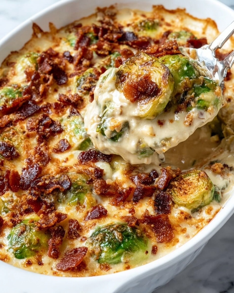 A white oval dish filled with a creamy casserole showing about three layers: the bottom layer has green Brussels sprouts partially visible, the middle layer is covered with thick creamy sauce that is light beige, and the top layer is golden brown melted cheese scattered with small, dark brown crispy bacon bits. A metal spoon lifting a portion from the right side reveals the gooey texture of the sauce and cheese with the Brussels sprouts inside. The dish sits on a white marbled surface. photo taken with an iphone --ar 4:5 --v 7