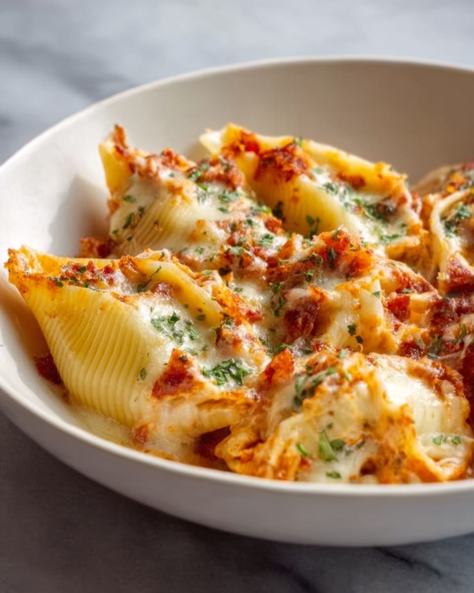 The dish shows a white bowl filled with stuffed pasta shells covered in melted golden cheese with bits of cooked tomato and herbs on top. The shells are creamy white with a soft texture, sitting on a layer of rich tomato sauce that peeks through the cheese. Fresh green herbs are sprinkled over the top, adding color contrast to the warm tones of the cheese and sauce. The bowl is placed on a white marbled surface with soft lighting that highlights the glossy cheese and the sauce’s rich red color. Photo taken with an iphone --ar 4:5 --v 7