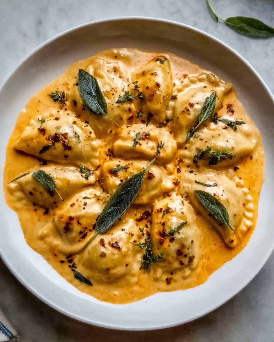 A white plate holds a round dish made up of several dumpling-shaped pieces arranged in a circle, each piece covered with a thick, creamy orange sauce that has a smooth texture and is speckled with herbs. Small green sage leaves are placed on top, scattered evenly across the dish, adding earthy color contrast. The sauce pools slightly around the base of the dumplings, creating a rich, comforting appearance. The plate sits on a white marbled texture surface. Photo taken with an iphone --ar 4:5 --v 7