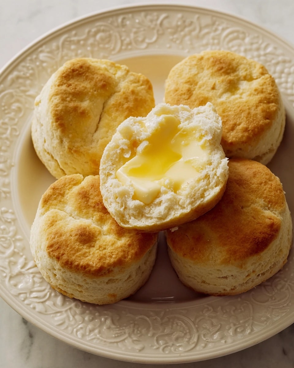 A close-up image of five light golden brown biscuits placed on a white plate with intricate edge details, arranged in a circular pattern with one biscuit broken open and resting on top in the center. The broken biscuit reveals a fluffy, crumbly white interior texture with a glossy, melted pat of yellow butter sitting in the middle. The colors are warm with soft shadows, all set against a white marbled textured background. photo taken with an iphone --ar 4:5 --v 7