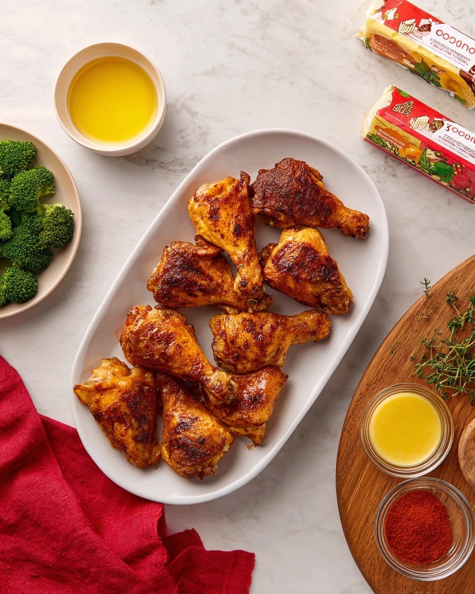 A white oval plate holds ten pieces of golden-brown roasted chicken, including drumsticks, wings, and thighs, with a crispy, slightly charred skin showing a rich texture. To the left, a small white bowl contains melted yellow butter, and above it, a white plate with green broccoli florets. A block of salted butter with colorful packaging rests near the broccoli. On the right side, a round wooden board holds two small clear bowls: one filled with red paprika powder and the other with yellow sauce topped with fresh green herbs. A red cloth napkin is partly visible at the bottom left corner, all set on a white marbled surface. Photo taken with an iphone --ar 4:5 --v 7