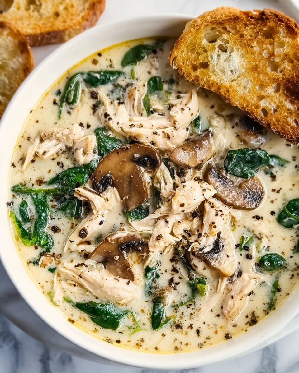 A close-up view of creamy soup served in a white bowl, filled with layers of ingredients including light beige creamy broth, scattered chunks of shredded chicken in off-white color, slices of brown mushrooms with darker edges, and vibrant green spinach leaves. The surface is sprinkled with coarse black pepper, creating a textured contrast. There are pieces of light brown toasted bread resting on the bowl’s edge. The bowl is placed on a white marbled texture. Photo taken with an iphone --ar 4:5 --v 7