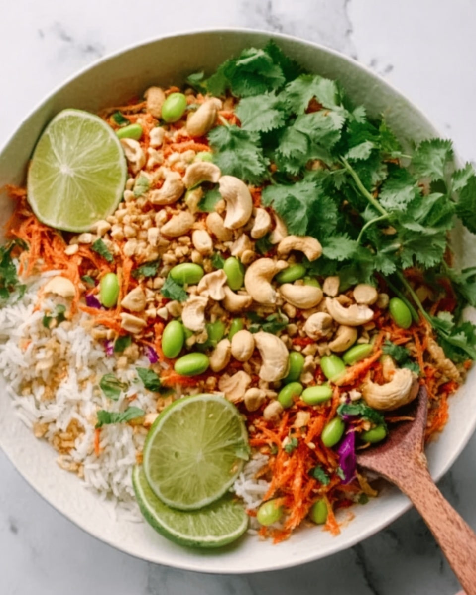 A white bowl filled with a colorful layered dish: the bottom layer is fluffy white rice topped with bright orange carrot shreds and green edamame beans scattered on top. Fresh green cilantro leaves are spread over the dish, along with a sprinkling of light brown peanuts and cashews adding texture. Two lime wedges sit on the side inside the bowl. The image shows a woman's hand holding a wooden spoon scooping some of the food. The background is a white marbled surface. Photo taken with an iphone --ar 4:5 --v 7