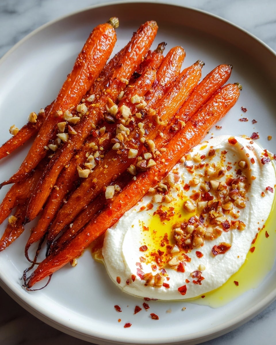A white plate holds a neat pile of roasted baby carrots, arranged side by side in close rows, each carrot showing a shiny, caramelized orange skin with slight charring, and a glistening coat of oil. Next to the carrots sits a smooth, creamy white dollop of whipped cheese or yogurt topped with a drizzle of golden oil and sprinkled with red chili flakes and small, crushed seeds. The colors contrast well: the bright orange carrots, creamy white cheese, and vibrant red chili pieces. The surface beneath the plate is a white marbled texture. photo taken with an iphone --ar 4:5 --v 7