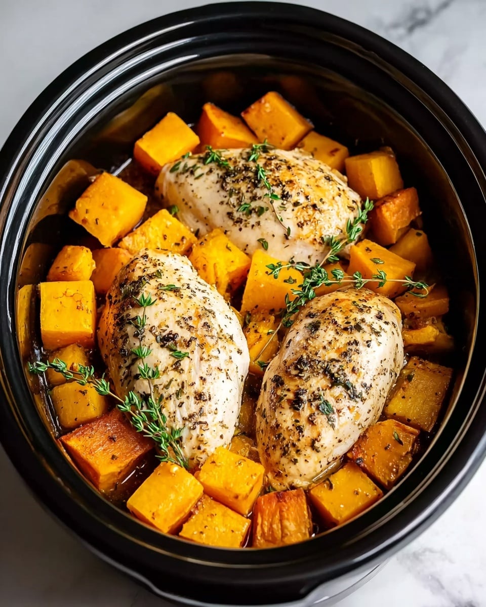 The image shows a black round pot filled with three golden-brown cooked chicken breasts placed in the center, each with a slightly crispy, speckled surface from seasoning and cooking. Surrounding the chicken breasts are large, glossy chunks of roasted orange-yellow butternut squash with slightly charred edges. Sprigs of green fresh thyme are scattered on top and around the chicken and squash, adding contrast in color and freshness. The pot is on a white marbled surface, giving the scene a clean and bright background. Photo taken with an iphone --ar 4:5 --v 7