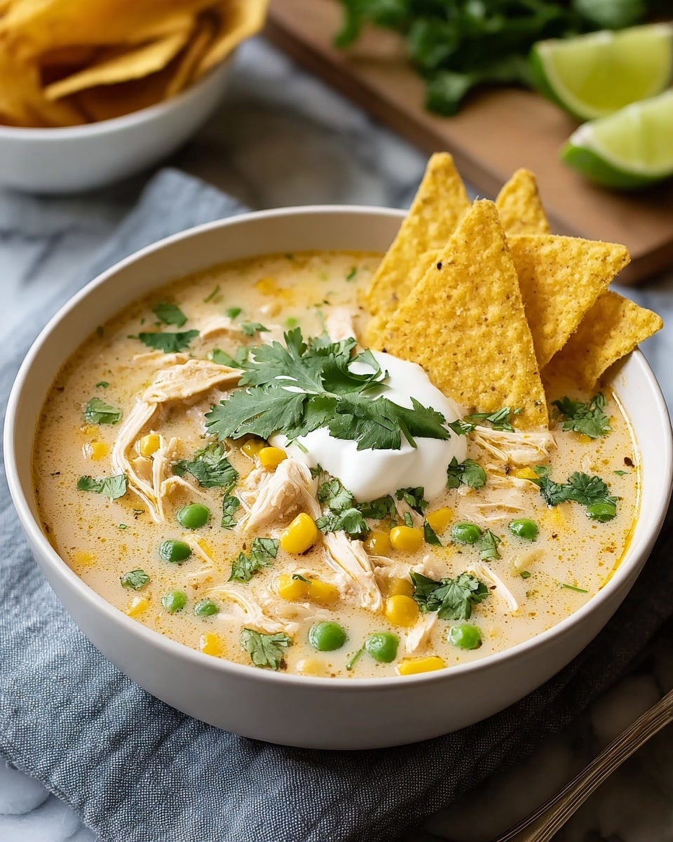 A white bowl filled with creamy chicken soup showing visible shredded chicken pieces in light beige, scattered yellow corn kernels, and green peas floating in the broth. In the middle of the bowl is a dollop of white sour cream topped with fresh green cilantro leaves. Three triangular yellow corn tortilla chips are stuck upright on the right side of the bowl’s edge. The bowl is placed on a grayish blue cloth on a white marbled surface. In the background, there is a white bowl with lime wedges and a wooden board with more tortilla chips slightly blurred. Photo taken with an iphone --ar 4:5 --v 7