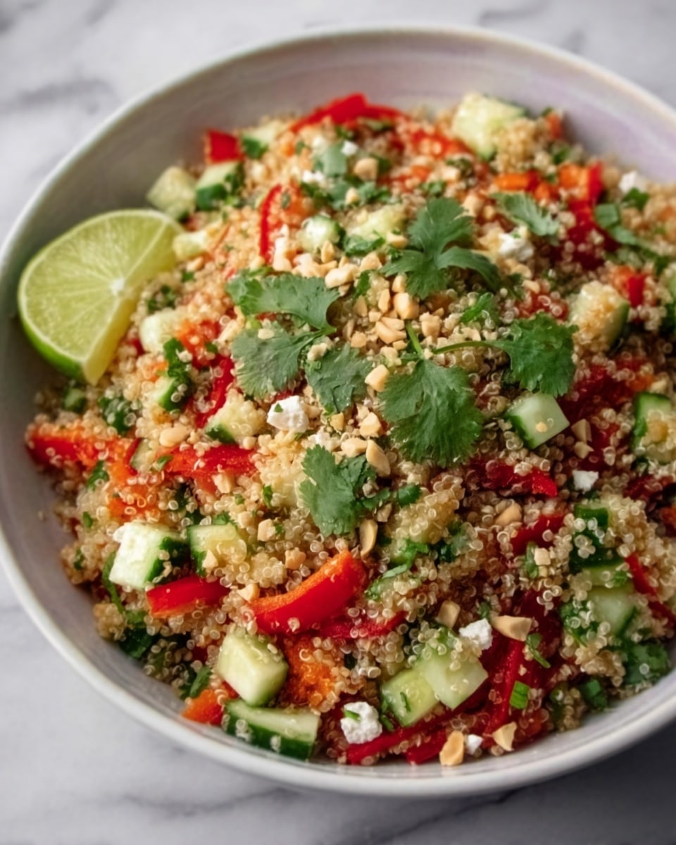 The dish shows a bowl filled with a colorful quinoa salad, featuring clear layers of finely cooked quinoa at the base. On top, there are chopped cucumber pieces, red bell peppers, and green herbs like cilantro, all mixed together with small chunks of white cheese or tofu. The salad is sprinkled with crushed nuts and garnished with a lime wedge visible at the side. The bowl is white and placed on a white marbled surface, making the vibrant colors of the salad stand out vividly. photo taken with an iphone --ar 4:5 --v 7