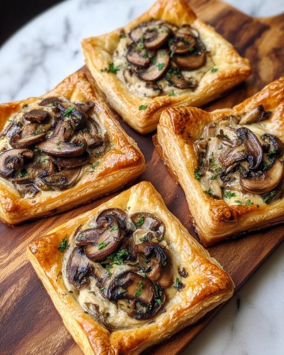 Five golden brown puff pastry squares and one puff pastry with rounded edges rest on a wooden board. Each pastry has a slightly raised crust forming a thin border around the center. Inside the border is a creamy mushroom topping with sliced brown mushrooms coated in a light sauce with visible fresh green herbs. The pastries have a shiny glazed surface with flaky layers visible on the edges. The board is placed on a white marbled texture surface. photo taken with an iphone --ar 4:5 --v 7