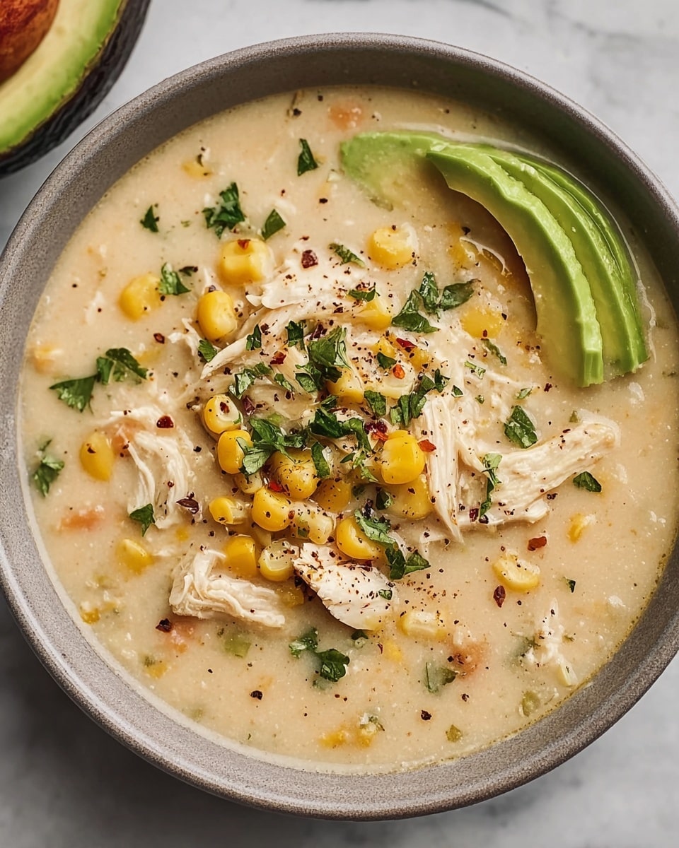 A close-up of a bowl filled with creamy chicken corn soup, featuring a thick, pale yellow broth with visible small pieces of shredded white chicken and whole yellow corn kernels mixed throughout. On top, there is a neat layer of corn and chicken shreds garnished with chopped green cilantro and a few black pepper specks. A bright green slice of avocado leans against the inner side of the white bowl. The bowl rests on a white marbled surface, with a wooden spoon placed to the side in the background. photo taken with an iphone --ar 4:5 --v 7