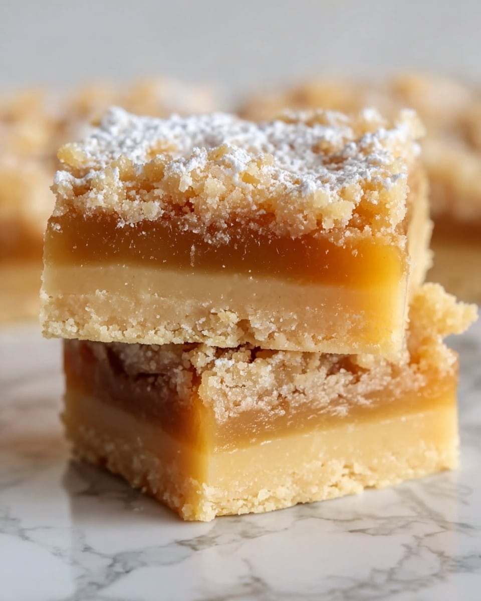 The image shows two stacked square-shaped dessert bars with three visible layers. The bottom and top layers are crumbly and pale beige, with a slightly rough texture. The middle layer is a smooth, translucent golden caramel filling that contrasts with the crumbly layers. There is a light dusting of powdered sugar on top, adding a white powdery detail. The background is a white marbled texture. photo taken with an iphone --ar 4:5 --v 7