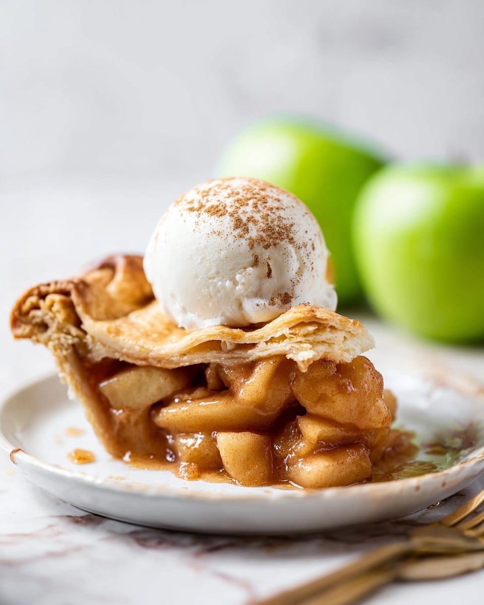 A slice of apple pie is shown on a white plate with a flaky, golden-brown crust folded over on top and edges crimped in a wavy pattern. Inside, the pie is filled with soft, cinnamon-coated apple chunks in a glossy brown syrup, visible in two clear layers of fruit and sauce. On top of the pie slice, there is a smooth, round scoop of white vanilla ice cream sprinkled lightly with brown cinnamon powder, which sits above the crust. The background features two green apples blurred softly, and the utensils (fork and knife) lie next to the plate on a white marbled surface. photo taken with an iphone --ar 4:5 --v 7