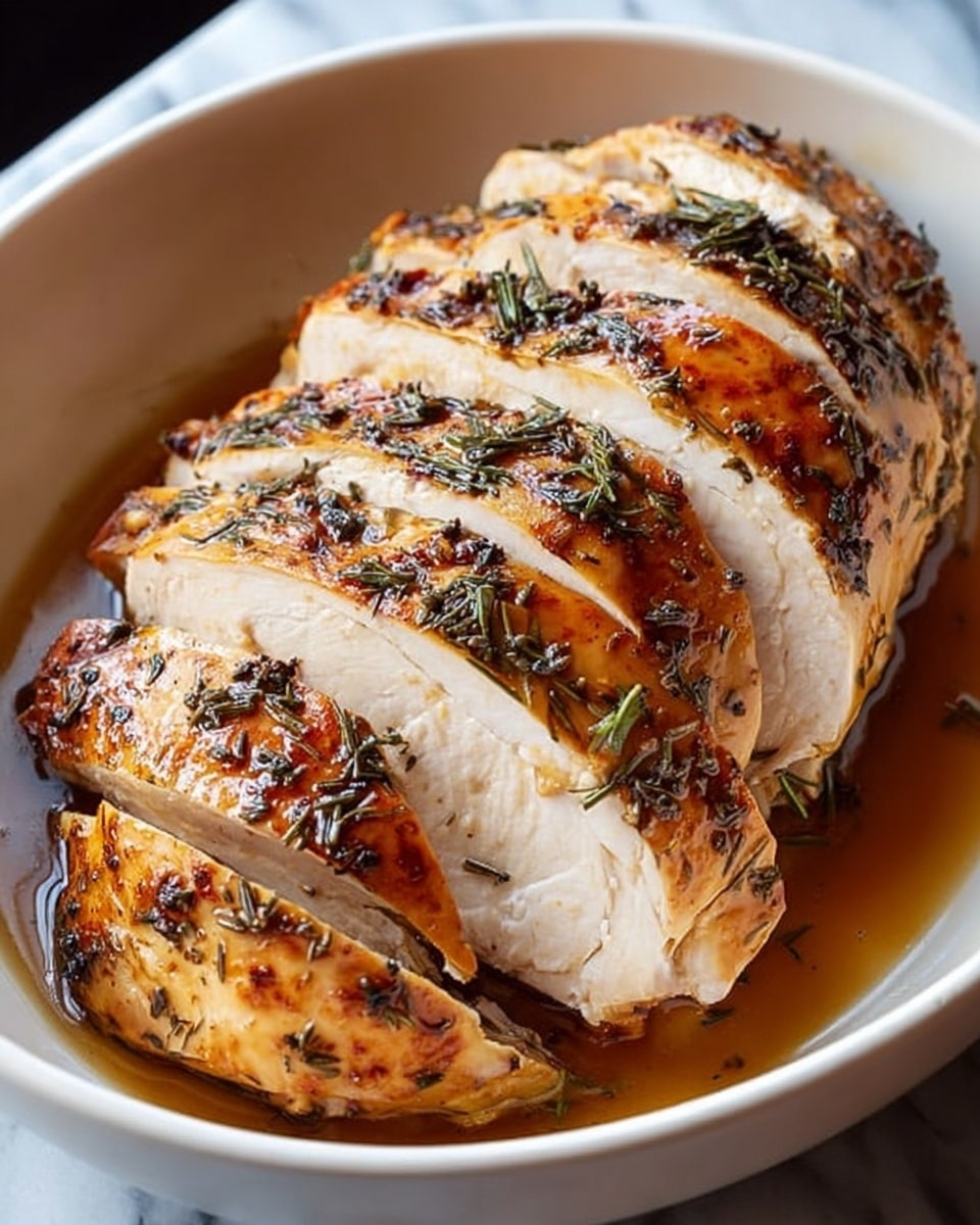 The image shows a roasted chicken breast that has been sliced into about five thick pieces. The outer skin is golden brown with visible herbs and spices, giving it a slightly crispy and textured look. The inside meat is white and juicy, with a smooth texture. The chicken is placed in a white bowl filled with a light brown sauce at the bottom, which adds a glossy shine to the meat. The background is a white marbled surface, making the colors of the chicken stand out. Photo taken with an iphone --ar 4:5 --v 7