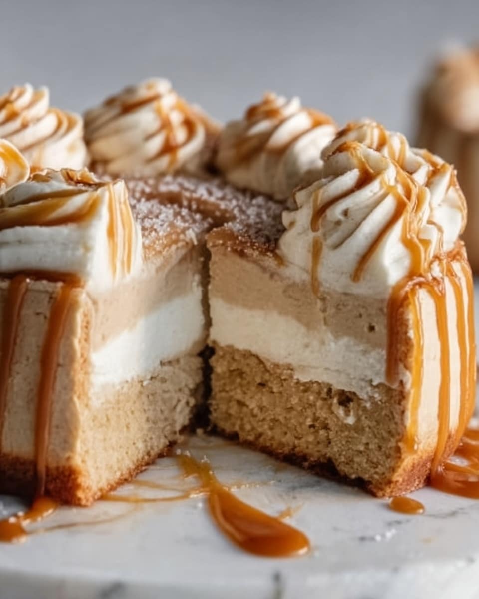 A close-up of a round dessert with three visible layers on a white marbled surface; the bottom layer is a thick, soft, beige cake, the middle layer is smooth, light cream, and the top layer has swirled caramel lines and soft white frosting with coarse salt sprinkled over it. One piece has a wedge cut out, showing the inside layers clearly, with soft caramel drizzles around the dessert. Photo taken with an iphone --ar 4:5 --v 7