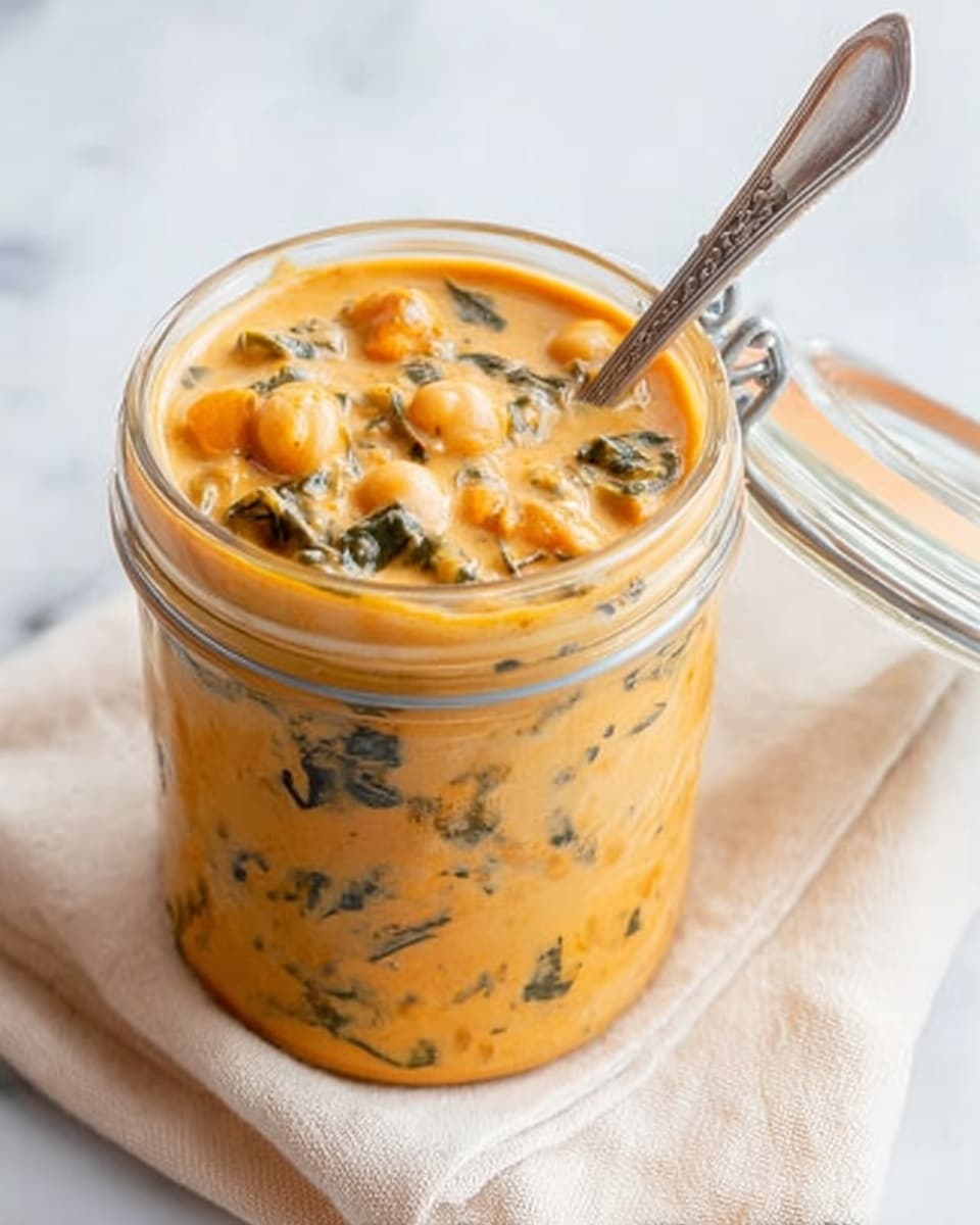 A clear glass jar filled to the top with a creamy, orange-colored soup that has visible chunks of small round vegetables and dark leafy greens mixed throughout. The soup has a thick texture with herbs sprinkled on top, and a silver spoon is placed inside the jar. The jar sits on a light cream-colored cloth on a white marbled surface, with the jar lid open and attached. photo taken with an iphone --ar 4:5 --v 7