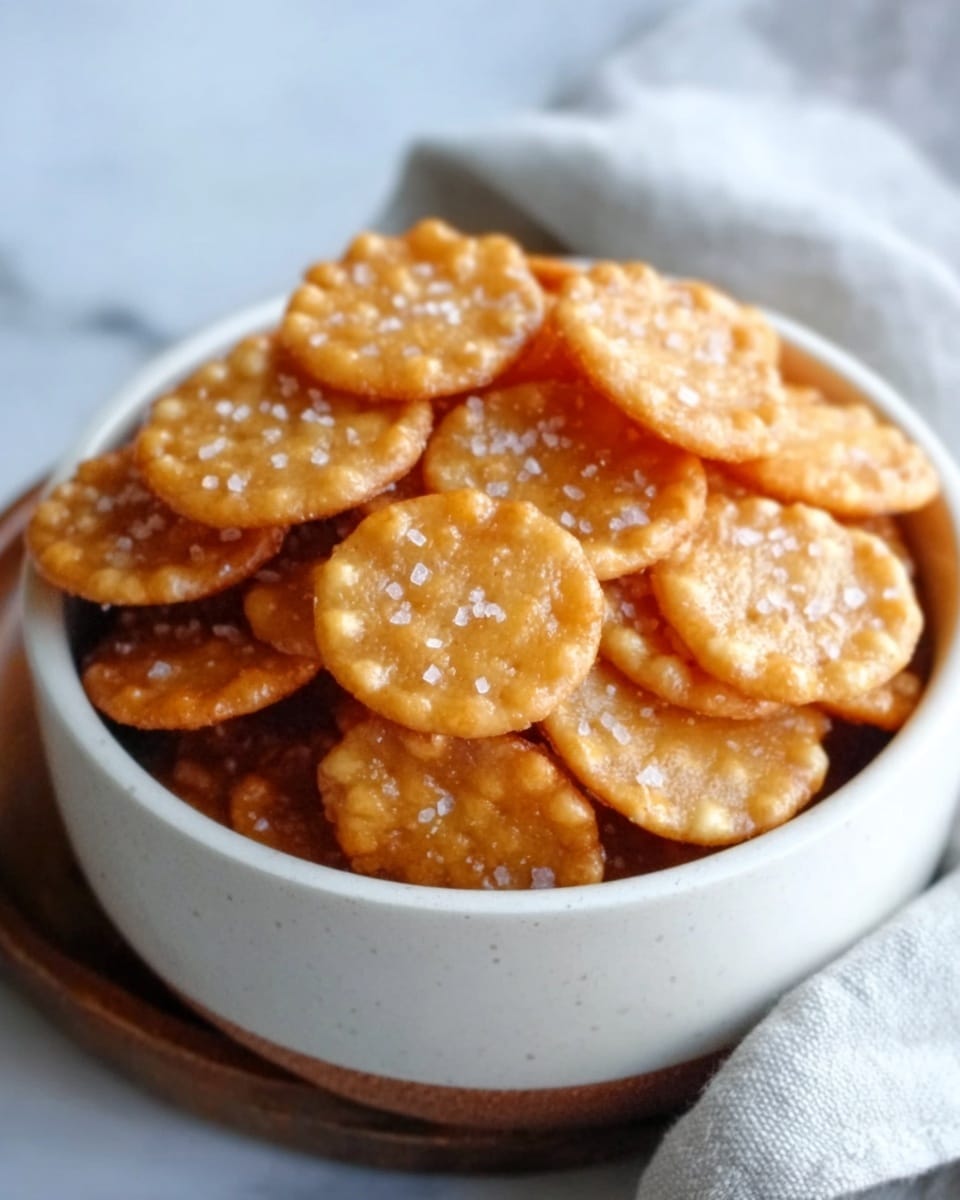 A small white bowl filled with round, golden-brown peanut brittle pieces covered in small, white sesame seeds, stacked unevenly inside. The bowl sits on a white marbled surface with a loose white cloth partially visible beneath it. The peanut brittle pieces have a shiny, textured surface showing the nuts and sesame seeds clearly, creating a crunchy and inviting look. Photo taken with an iphone --ar 4:5 --v 7