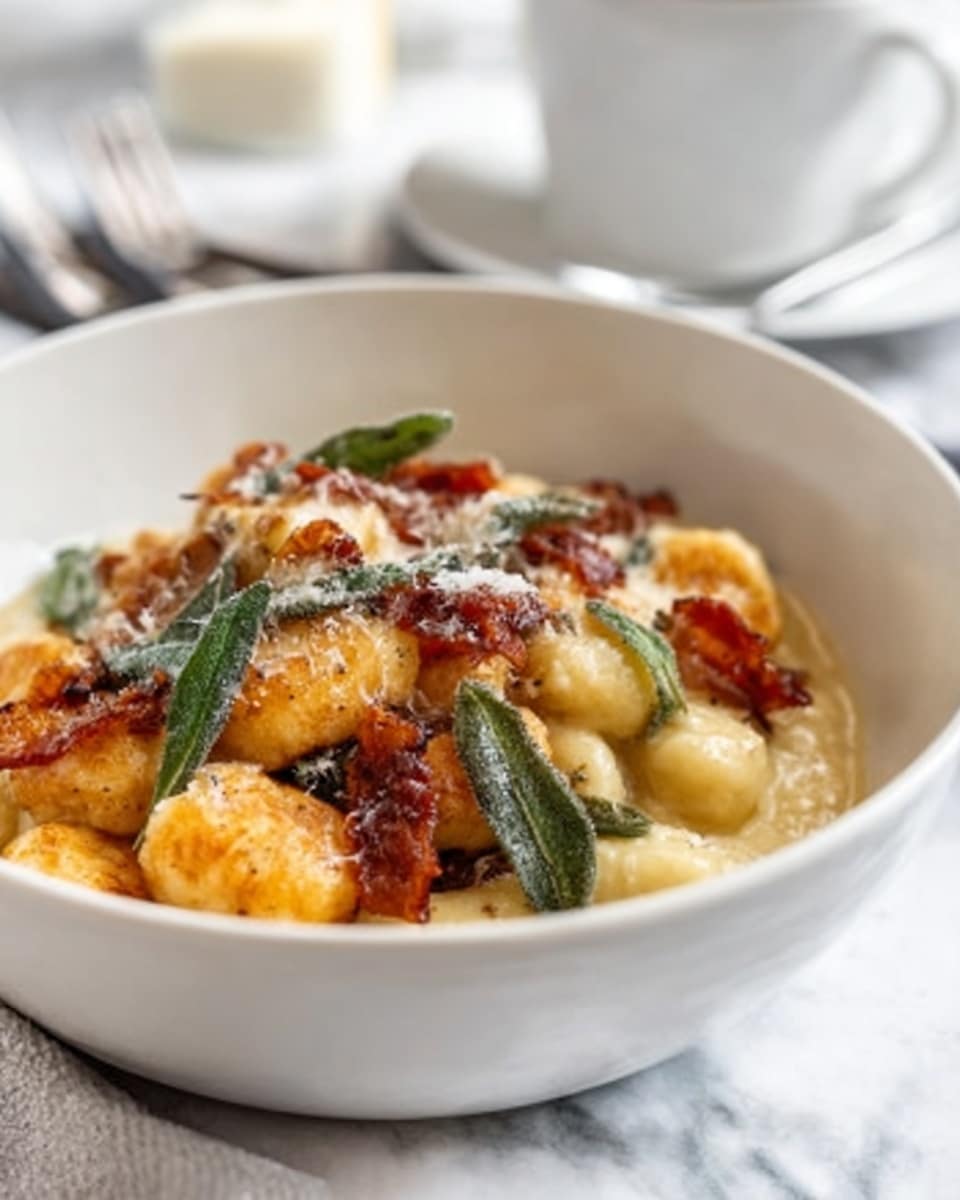 A white bowl filled with three layers of food: the bottom layer is smooth, creamy gnocchi in a pale yellow color, topped with crispy, golden gnocchi pieces that have a light crunchy texture; the middle layer has fresh sage leaves and pieces of cooked bacon with a reddish-brown crispy look, scattered evenly; the top layer is a sprinkle of grated cheese melting slightly over the dish, adding a fine white texture. The bowl rests on a white marbled surface, with a blurred white cup in the background. Photo taken with an iphone --ar 4:5 --v 7